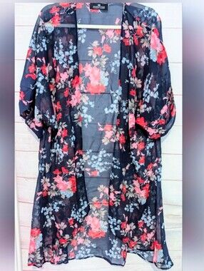Nwot Western Standard Navy W/ Red ♥️ Floral Pattern Sheer Kimono Robe Size Large
